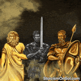 a statue of a man holding a sword and shield with the website stoicismonsol.com in the corner