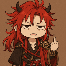 a cartoon of a person with red hair and horns giving the middle finger