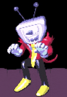 a pixel art drawing of a cartoon character with a television head and antennas .