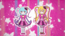 two anime characters are standing next to each other on a pink background