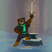 a cartoon illustration of a leopard holding a sword with the words $ fuzzy on xrp ledger below it