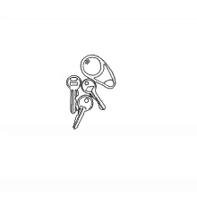 a black and white drawing of a hand holding a bunch of keys including one with the letter d on it