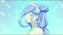a close up of a girl with blue hair and a flower in her hair