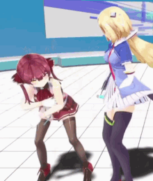 two anime girls are dancing together on a tiled floor