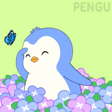 a penguin is standing in a pile of purple flowers and a butterfly is flying in the background