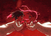 a drawing of two girls holding hands with red hair