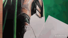 a drawing of a knight with a green cape and armor made in animatica