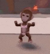 a monkey in a pink bikini is dancing on a floor .