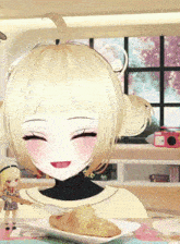 a girl with blonde hair is smiling next to a plate of croissants