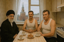 three men sit at a table in front of a window with a red clock tower in the background