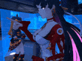a girl in a red and white outfit is pointing at another girl