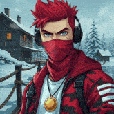 a man wearing headphones and a red mask stands in front of a snowy cabin