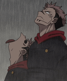 a cartoon of a man standing in the rain with his tongue out