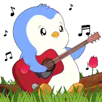 a blue and white penguin is playing a red guitar in the grass
