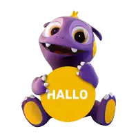 a purple and yellow cartoon character is holding a yellow object