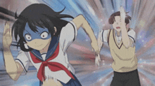 a girl in a school uniform is running away from a boy in a vest