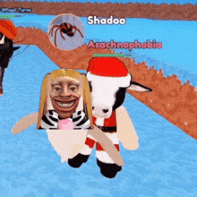 a cartoon of a cow wearing a santa hat and a girl with pigtails .