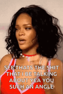 a woman in a red top is talking about yea you such an angle