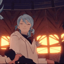 a cartoon character with blue hair is standing in front of a window with her eyes closed