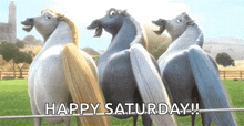 a group of horses standing next to each other with the words happy saturday written above them
