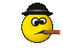 a pixel art smiley face wearing a hat and smoking a cigar .