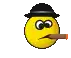 a pixel art smiley face wearing a hat and smoking a cigar .