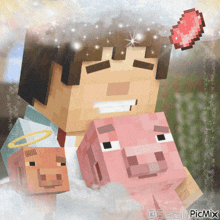 a minecraft character is holding two pigs and a red heart