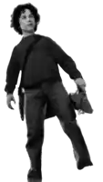 a black and white photo of a young boy standing on one leg