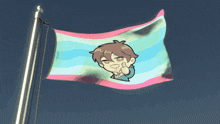 a blue and pink flag with a cartoon boy on it
