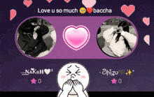a purple background with a heart and the words love u so much baccha