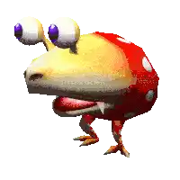 a pixel art of a frog with big eyes and a red and white polka dot hat .