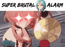 a picture of a girl with red eyes and the words super brutal alarm below her