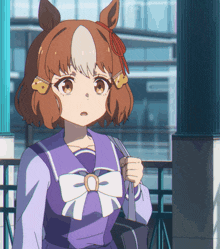 a girl in a purple uniform with a white bow holds a purse