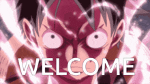a monkey d luffy anime character with the words welcome in front of him