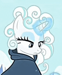 a pony with swirls in her hair is wearing a hoodie