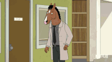 a cartoon character with a horse head is standing in front of a door that says flip