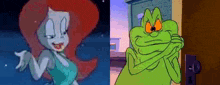 a ghost and a green monster are standing next to each other in a doorway .
