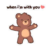 a pink teddy bear is sitting on top of a brown teddy bear with the words " when i 'm with you " above them