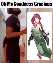 a man with a beard is standing next to a picture of a girl in a dress .