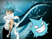 a cartoon character with blue hair is standing next to a smiling blue monster
