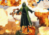 a cartoon character in a green robe is surrounded by fire