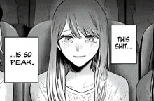 a black and white drawing of a woman crying with the words this shit on the bottom