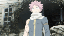a cartoon character with a scarf around his neck stands in front of a building