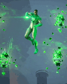 a green superhero is flying through the air
