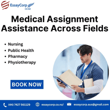 an advertisement for medical assignment assistance across fields by essay corp