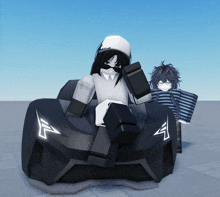 a cartoon character is sitting on a black car with a triangle on the side