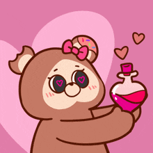 a cartoon drawing of a teddy bear holding a bottle of liquid