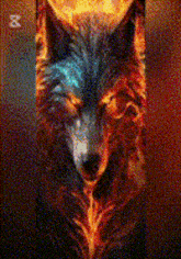 a close up of a wolf 's face with fire coming out of its eyes