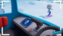 a cartoon character is riding a snowboard and the word mojo is on the bottom