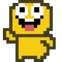 a pixel art drawing of a yellow cartoon character with a red tongue sticking out .